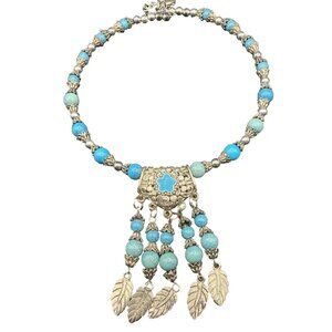Faux Turquoise Beads Necklace Tibetan Silver Leaves Tribal Lady's Torque 14-17"
